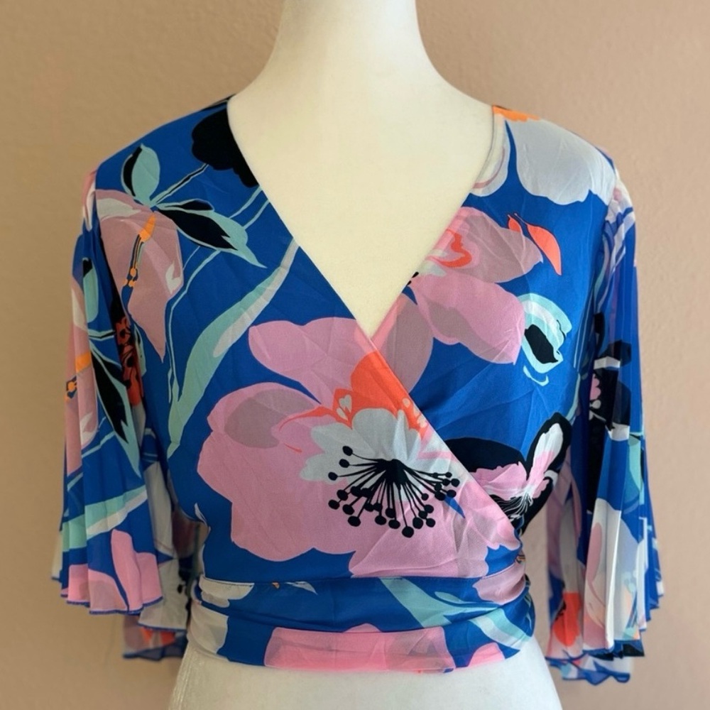 Express Floral Pleated Sleeve Wrap Kimono Top Blue Pink Size S NWT